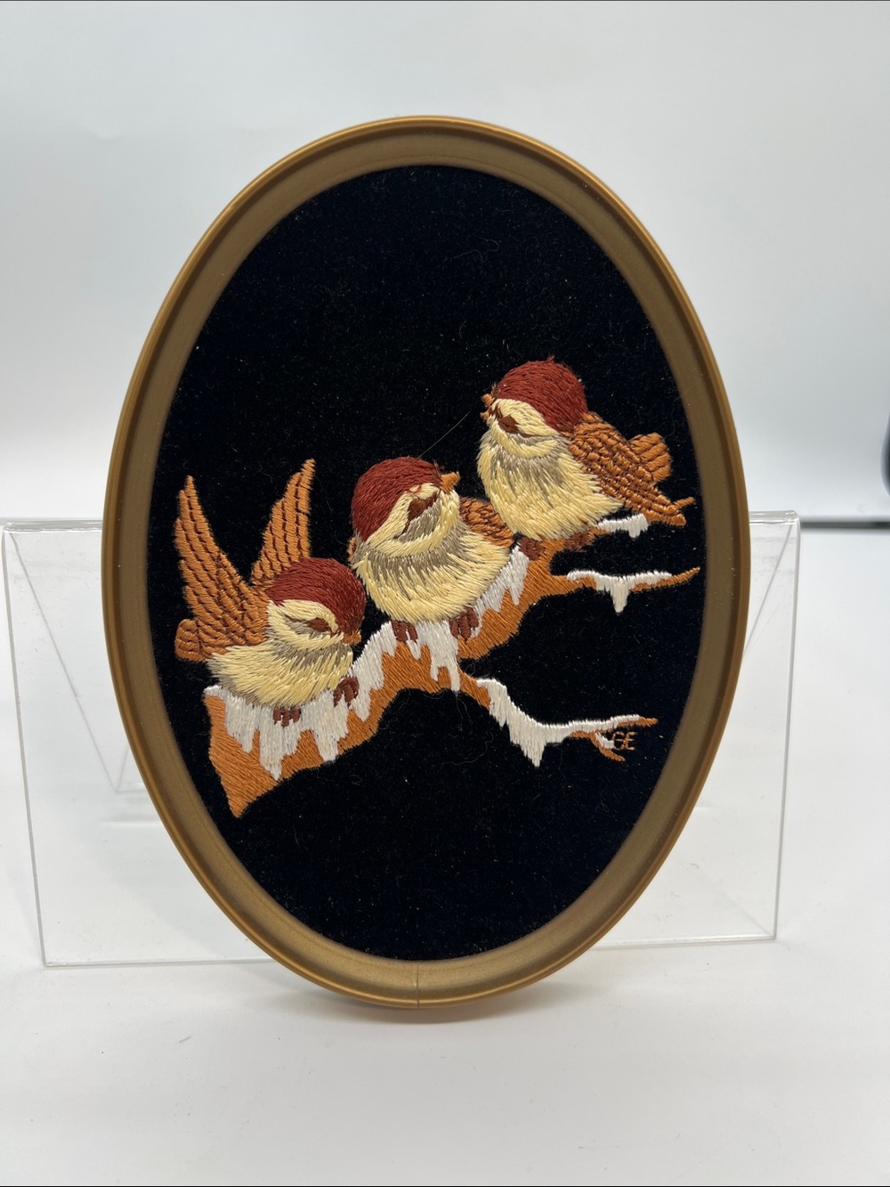 Embroidered Bird Trio Wall Plaque - Brown & Cream